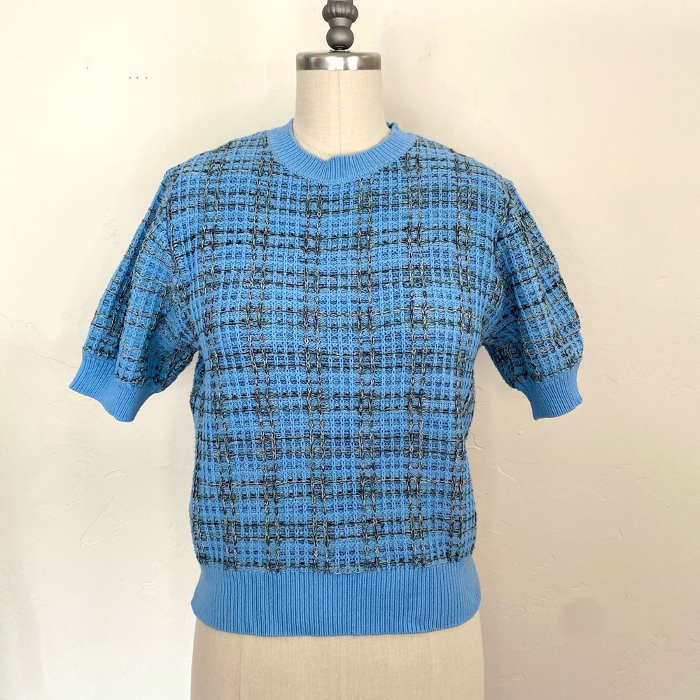 Ann Taylor Factory Women's Small Tweet Knit Short Sleeve Baby Blue Sweater